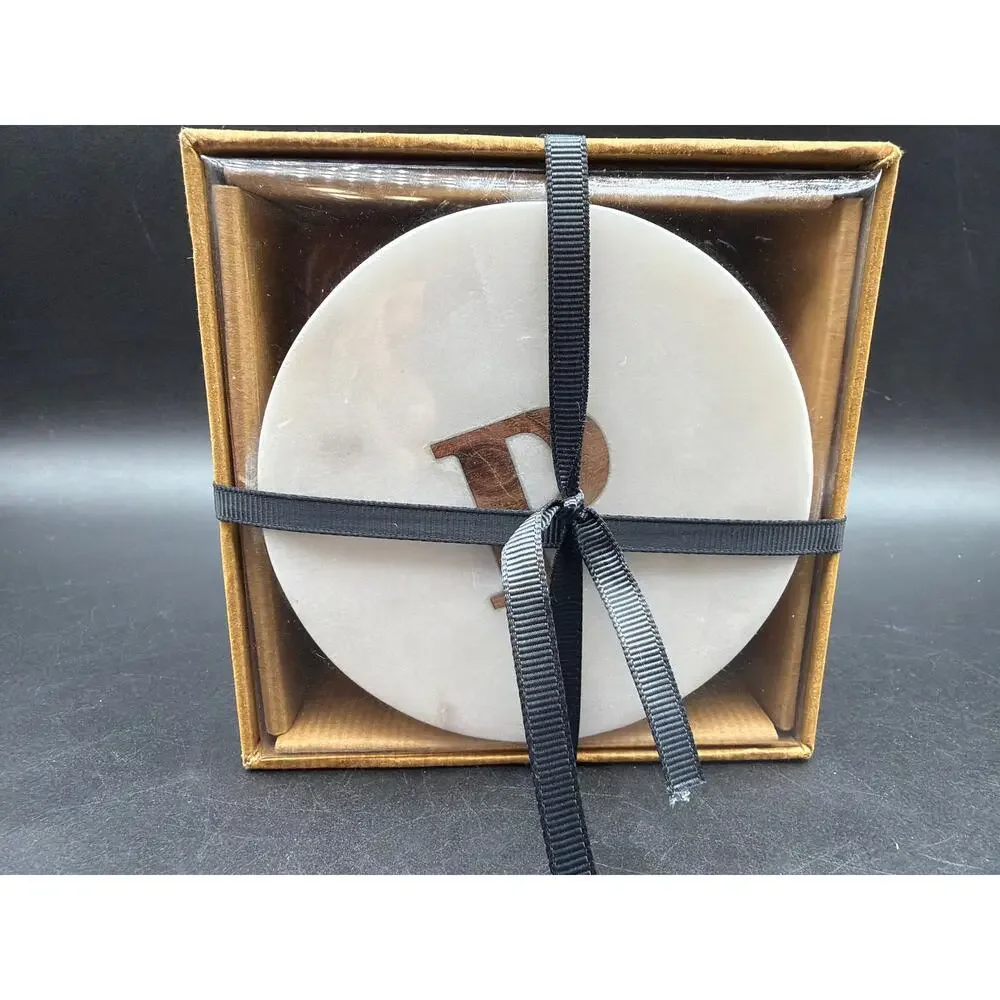 Pottery Barn Monogram Letter P White Marble Coaster Set of 4 Holder NIB